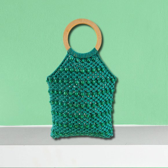 Green Macrame Crochet Knit Beaded Boho Wood Handle Tote Handbag - Picture 1 of 4